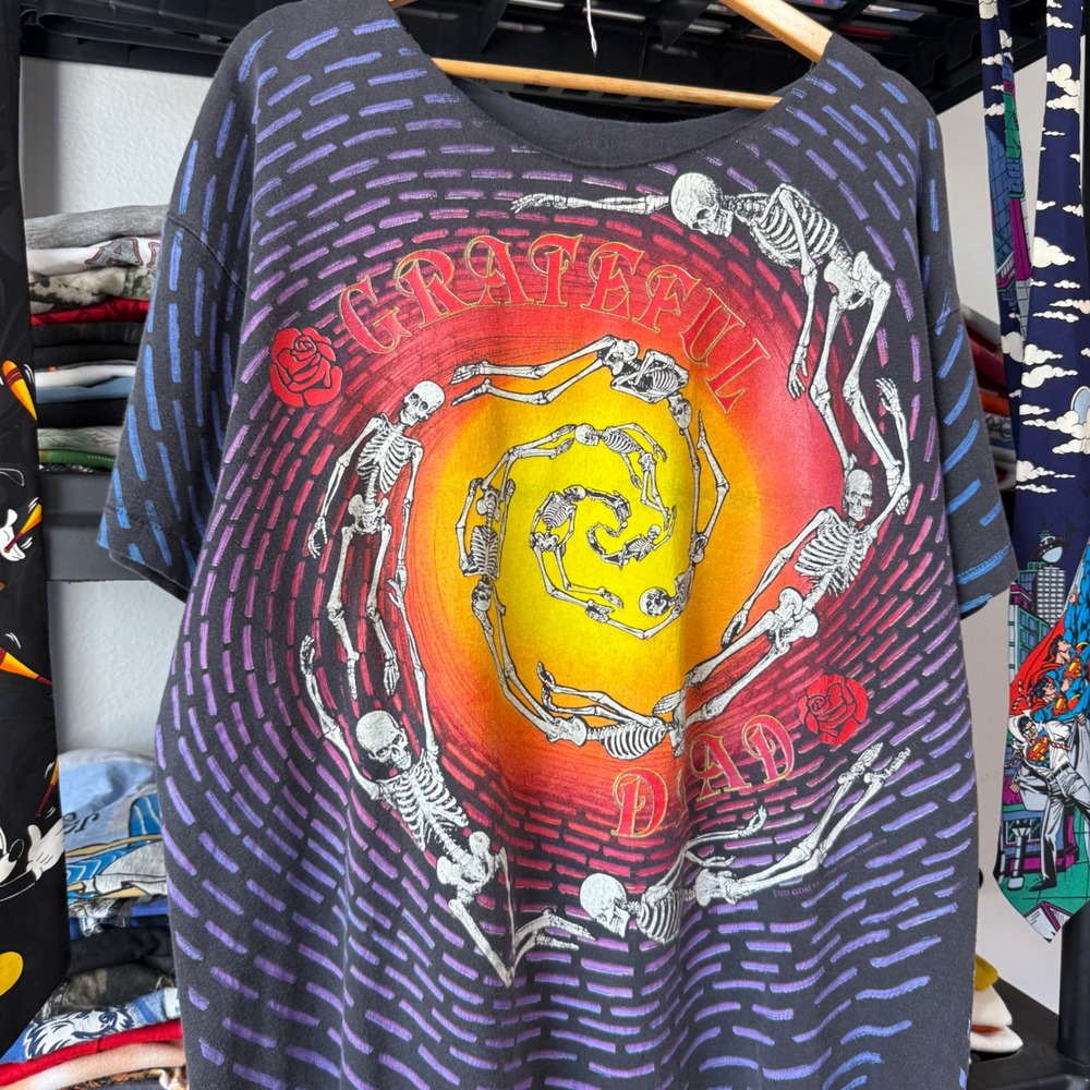 Vintage 90s Black Grateful Dead Spiral Skeletons All Over Print T-Shirt XL - Picture 3 of 6